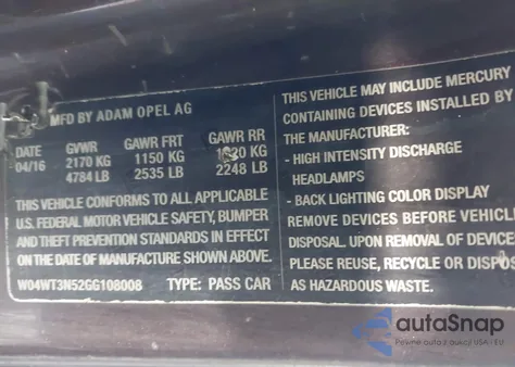 2016 Buick Cascada Premium from USA, damaged, VIN W04WT3N52GG108008